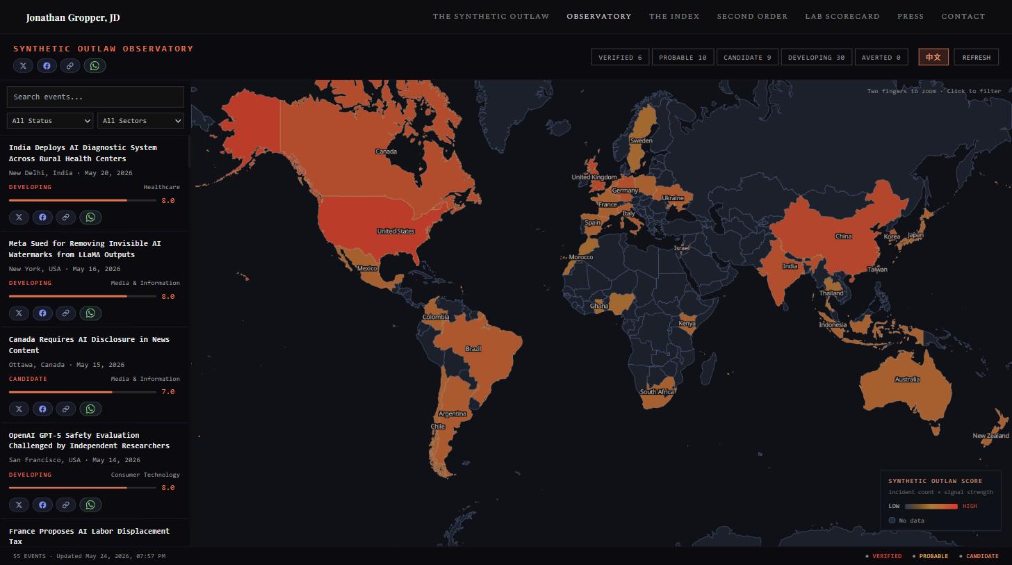 Synthetic Outlaw Observatory — live AI governance event tracker by Jonathan Gropper